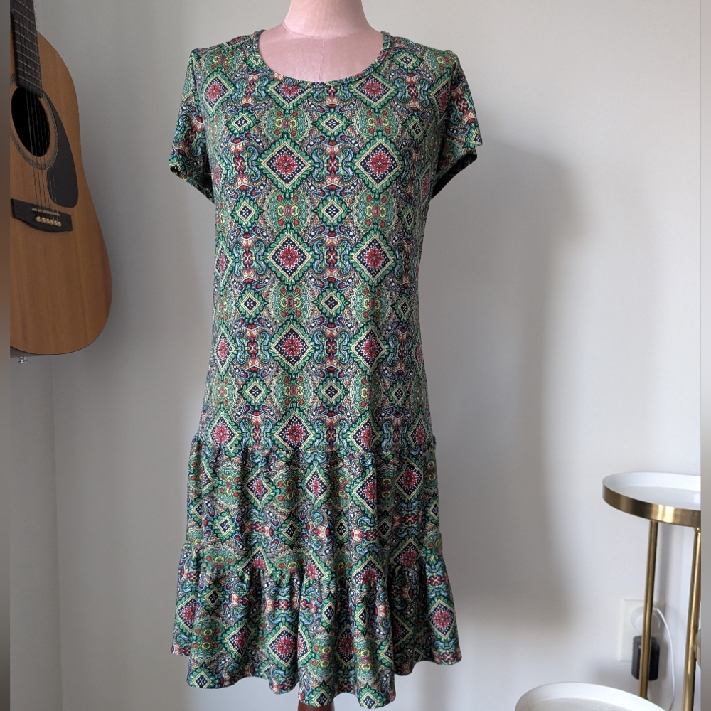 Drop Waist Paisley Dress Ruffles Stretch Knit S